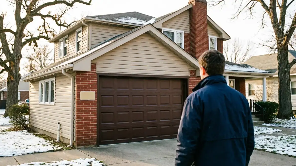 A technician stands facing a brown garage door on a house with tan siding.