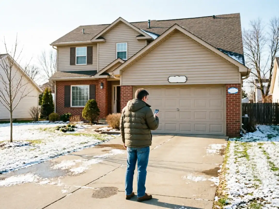 A man stands in a driveway looking at his phone in front of a house.