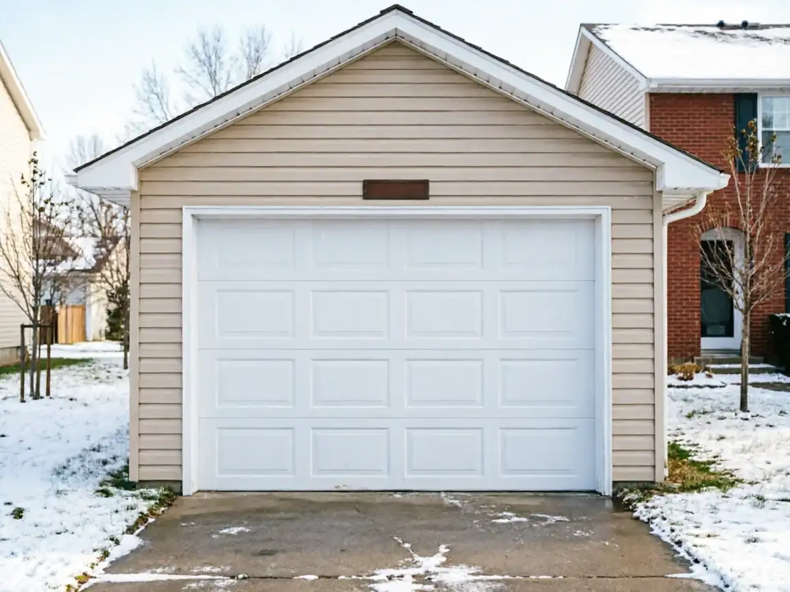 A white garage door is on a beige detached garage with snow on the ground.